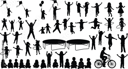 Large Silhouette Collection of Children Playing with Kites, Balloons, Trampolines, and Bicycles, Plus Kids Sitting and Jumping on White Background
