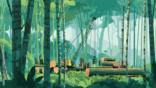 Stylized forest scene with logging equipment and cut timber
