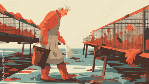 Stylized illustration of an elder farmer in orange attire and apron feeding birds in cages