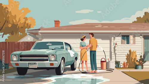 Couple washing vintage car in driveway with hose and bucket on a sunny day