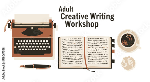 Adult creative writing workshop with vintage typewriter illustration