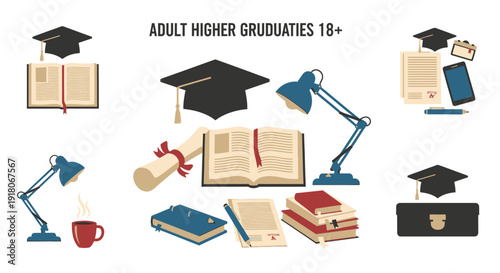 Adult higher education and graduation objects illustration