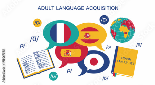 Adult language acquisition illustration with global flags and phonetic symbols