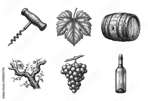 Set of vintage wine production icons featuring grapevine bunch, wooden barrel, glass bottle, corkscrew, and leaf in woodcut engraving style.