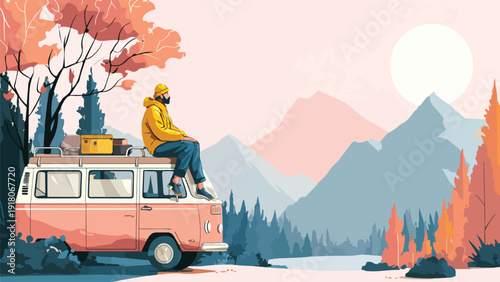 A person in yellow jacket sits on a vintage van overlooking mountains