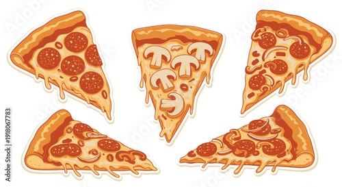 Assortment of delicious pizza slices with various toppings