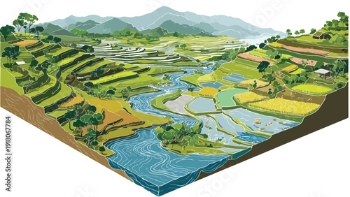 Isometric view of vibrant terraced fields with a winding river and distant mountains