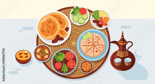 Traditional Middle Eastern Breakfast Spread with Coffee