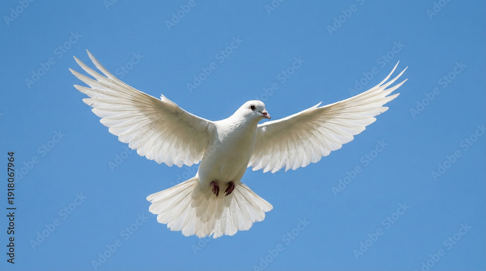 Obraz premium White dove flying gracefully in the blue sky, concept of easter 