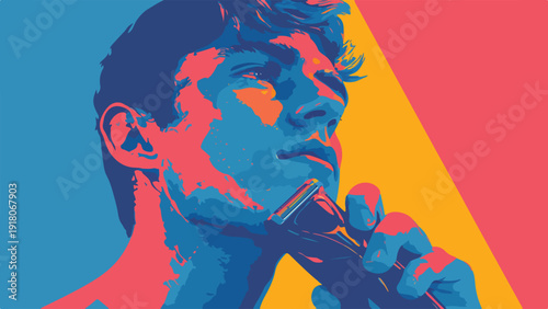 Close-up of a person's face, with a razor to their chin, in pop art style