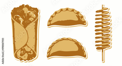 Burrito, empanadas, and tornado potato street food illustration.