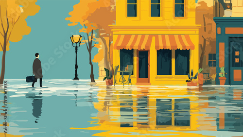 Person with briefcase walks on flooded street next to yellow building in autumn