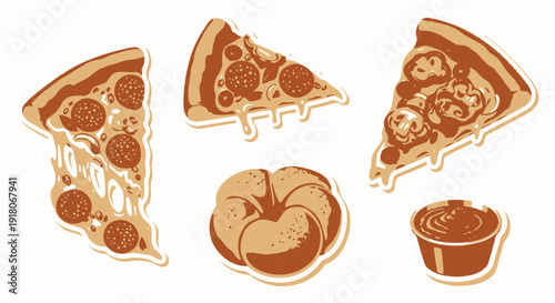 Brown tone pizza slices, bread roll, and dipping sauce illustration