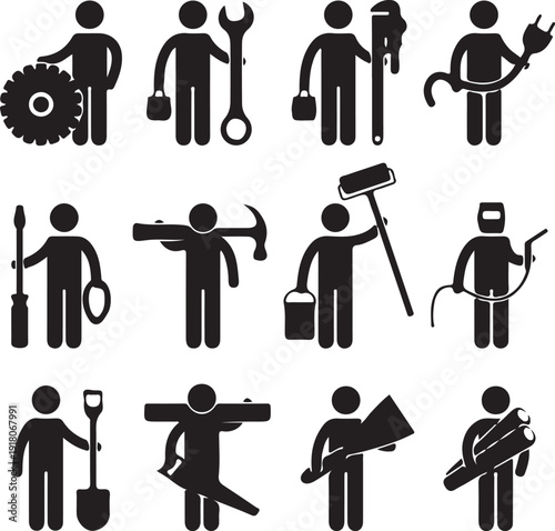 A comprehensive set of black silhouette vector icons featuring business people, man and woman figures, and stick person pictograms designed for professional work or fitness job signs