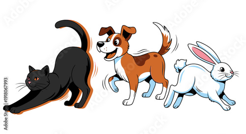 Cartoon cat dog rabbit pets group illustration on white