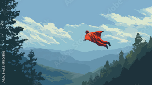 A person in a red wingsuit glides through the sky above layers of misty blue mountains and dark green trees