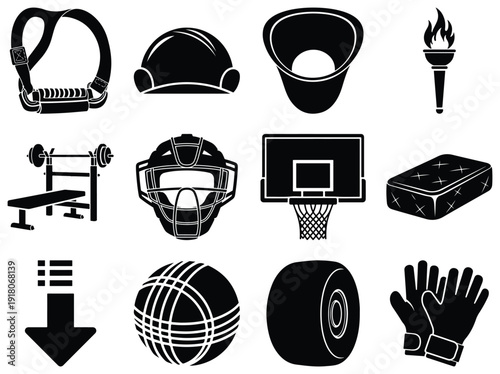 Black and White Sports and Fitness Equipment on White Background
