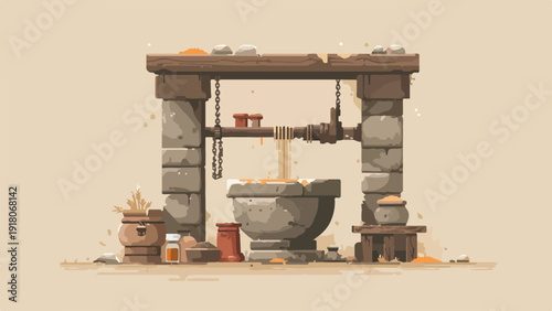Rustic stone well with chain mechanism, pots, and dry goods