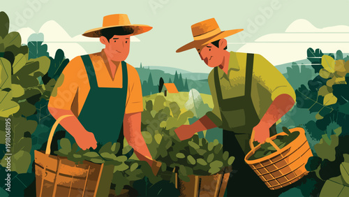 Two farmers in hats and overalls harvest crops from bushes, carrying baskets
