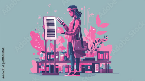 A person in a VR headset interacts with a futuristic interface in a digital shop