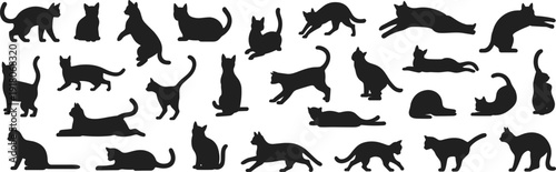 Set of black cat silhouette icons showing multiple poses walking sitting jumping playing sleeping isolated on white background vector illustration
