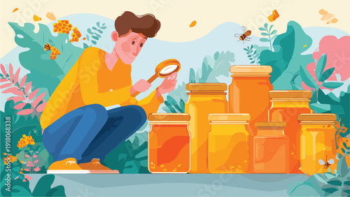 A man inspects jars of golden honey amidst lush green foliage and flying bees