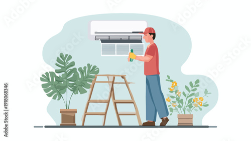 Technician with cleaning supplies standing on a ladder near an air conditioner