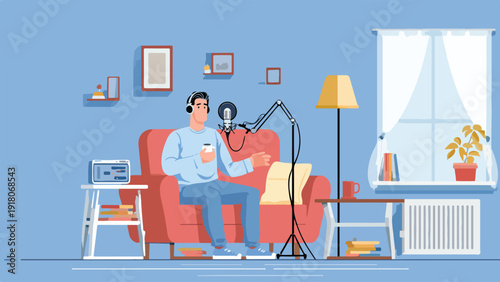 Person with headphones recording audio on a microphone while sitting in a chair