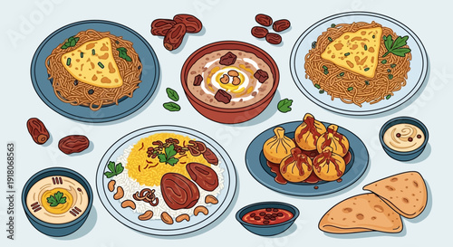 Arabic Cuisine Dishes on a Light Blue Background