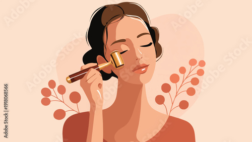 Woman with closed eyes applying facial roller for skincare and relaxation