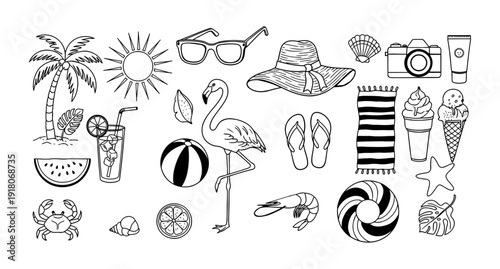 Summer Beach Vacation Elements Line Art Vector Illustration Set