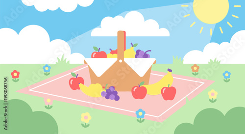 A vibrant picnic scene with a house, fruits, and flowers in a lush green landscape under a sunny sky