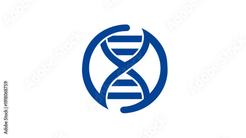 A blue graphic representation of a DNA double helix encased within a circular frame on a white background