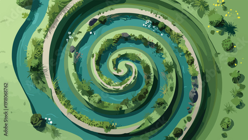 An aerial view of a stylized spiral water channel with lush greenery and pebbles