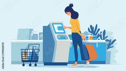 Person at self-checkout with shopping cart and bags