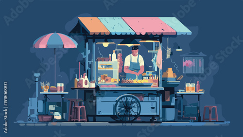 A vendor prepares food at a colorful street cart under a striped umbrella