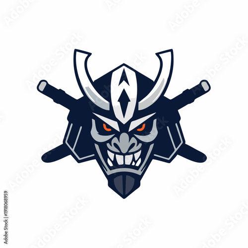 Japanese samurai warrior mask logo featuring crossed swords and kabuto helmet, strong symmetrical mascot emblem ideal for esport teams, gaming communities, martial arts branding, and bold vector desig