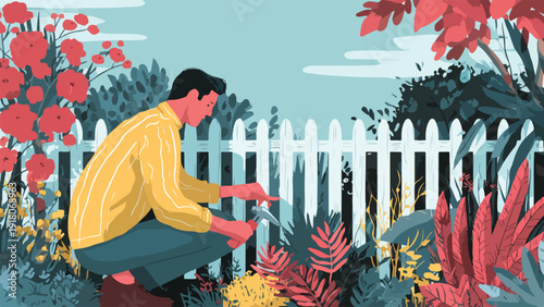 Man in yellow shirt tending to colorful plants in a garden with a white picket fence