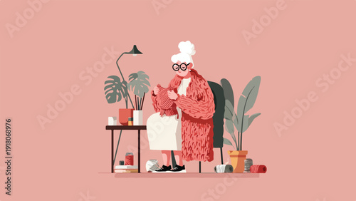 A woman with white hair and glasses is knitting in a cozy room with plants
