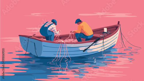 Two fishermen in a small boat meticulously untangle fishing nets on a tranquil pink water