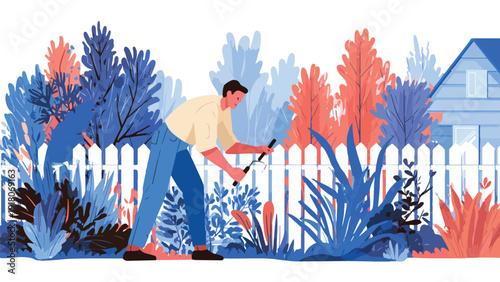 Man pruning plants in a garden with a white picket fence and house