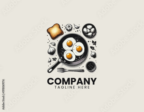 fried egg in a black pan with toast and garlic around it black vector logo illustration white background