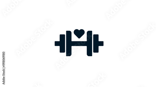 A dark blue minimalist logo depicts a barbell with a heart shape above, centered on white