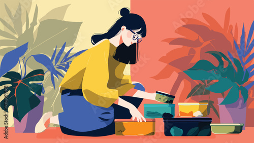 Person packing healthy food in containers surrounded by tropical plants