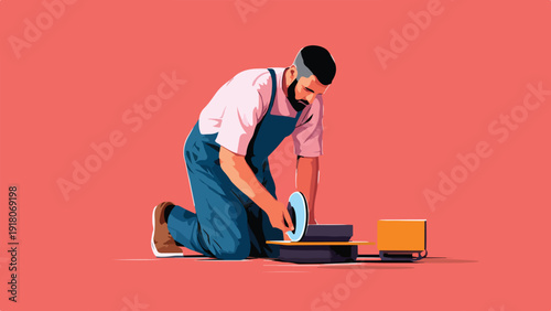 A person in overalls kneels, concentrating on operating a cutting tool