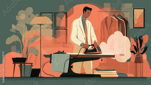 A man in a suit irons clothes in a room with plants and framed art