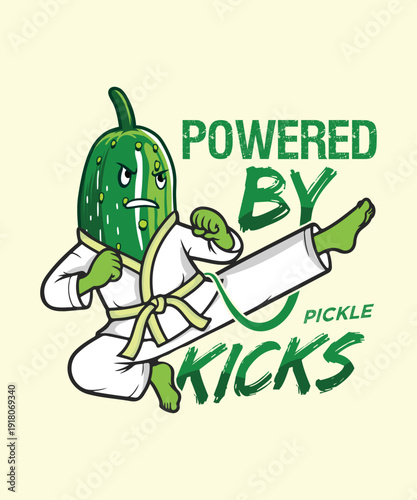 Funny karate pickle character martial arts graphic with text powered by pickle kicks vector