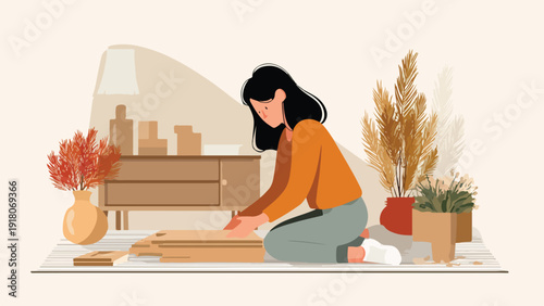 A person kneels and assembles wooden planks on a patterned mat, surrounded by decor