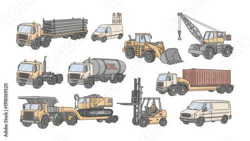Fleet of Industrial Vehicles: A vibrant collection of heavy-duty industrial vehicles, each ready for its designated task, stands in formation.