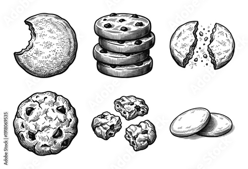 A collection of chocolate chip cookie illustrations in a vintage hand-drawn woodcut and engraved style featuring whole, broken, and stacked biscuits.
